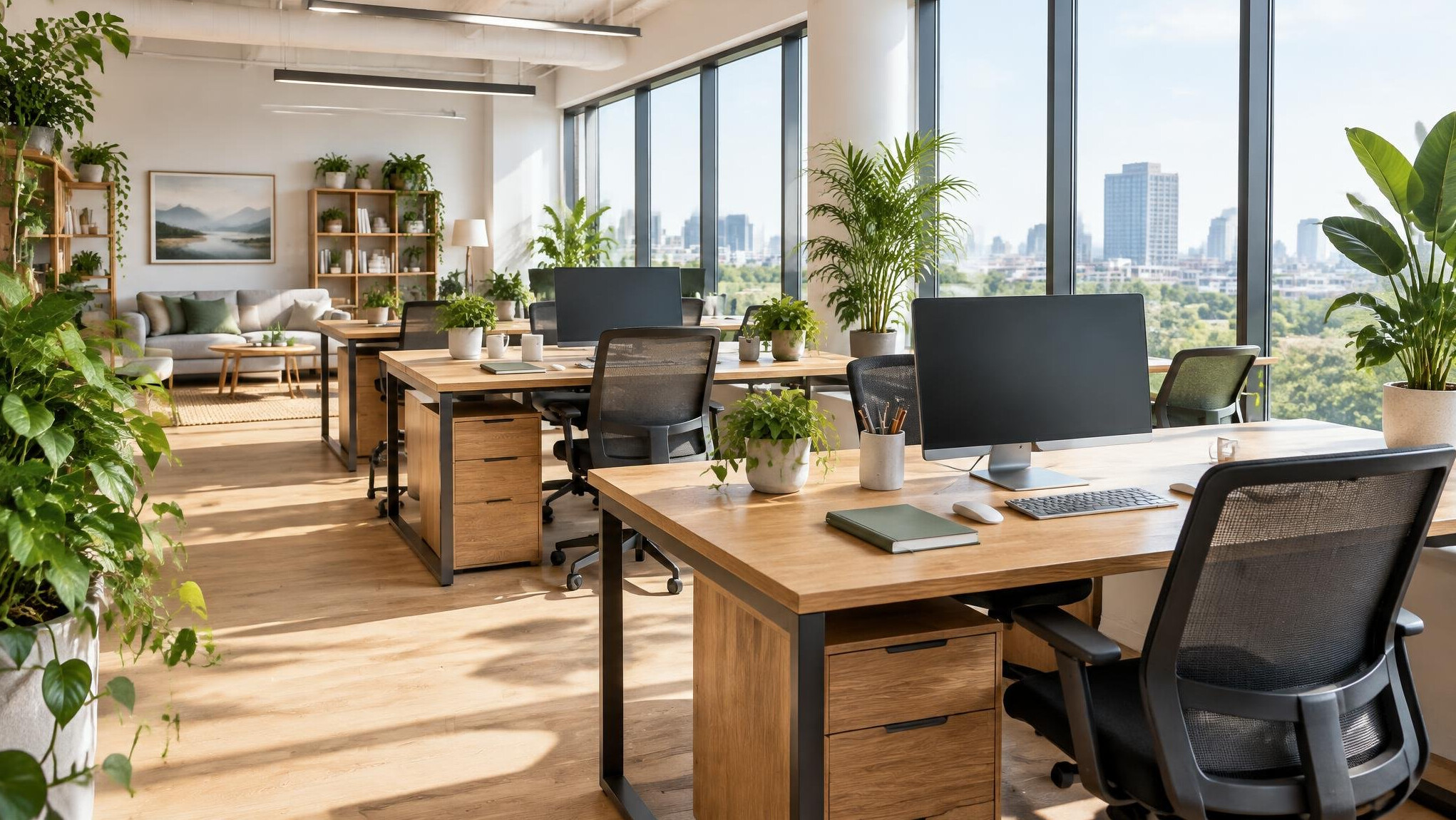 Bright modern open office with desks and plants